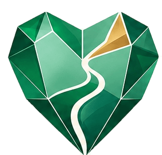 Símbolo aprobado: corazón facetado esmeralda con cauce y acento oro
